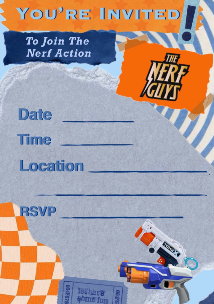 Nerf Party invitation for a birthday party Grey background with checkers