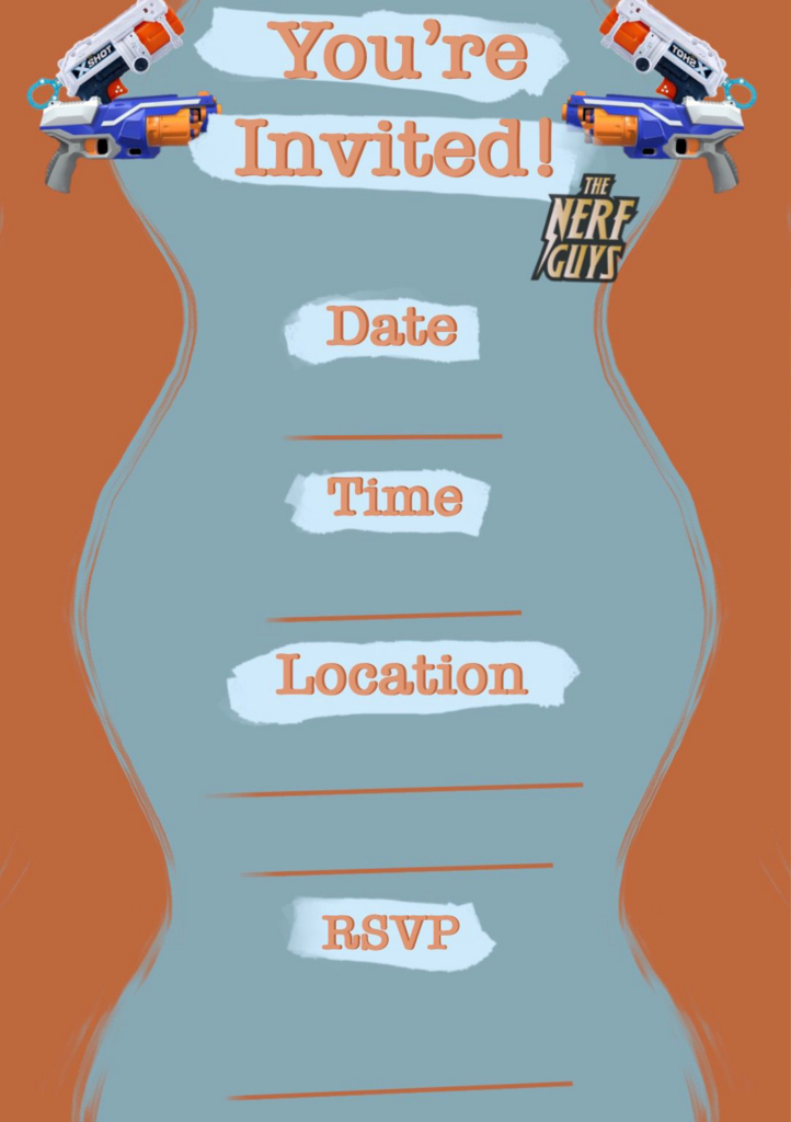 Nerf Party invitation for a birthday party orange background with blue highlights